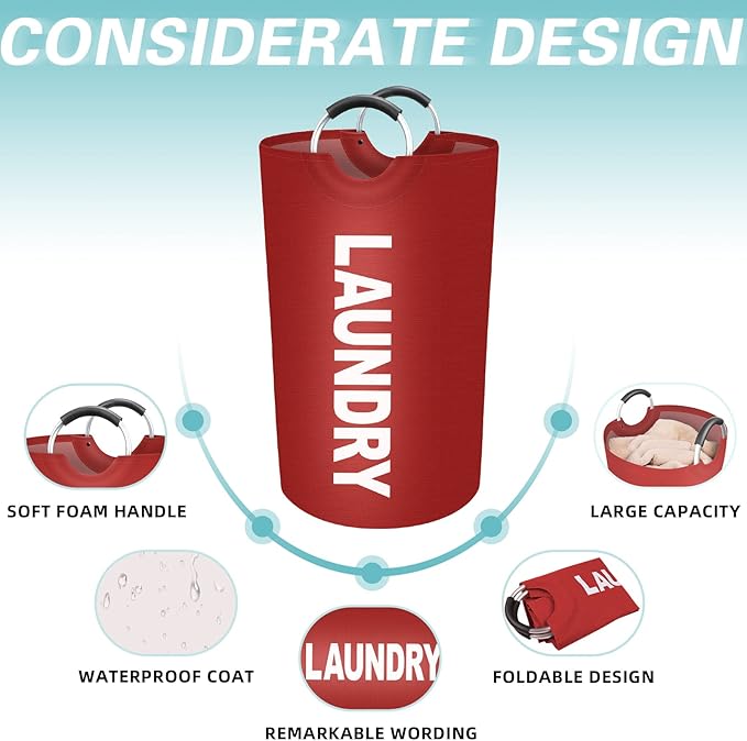 StorageRight 75L Large Laundry Basket, Laundry Hamper, Dirty Clothes Hamper for Laundry, Collapsible, Waterproof Laundry Baskets with Foam Protected Aluminum Handles for Laundry, Dorm, Family (Red)