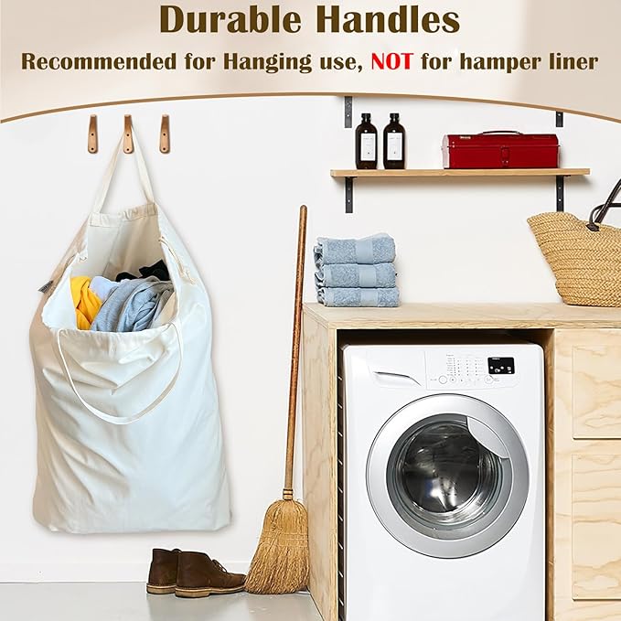 Canvas Laundry Bag with Handles & Drawstring 23.6"Wx35"H, Hanging Dirty Clothes Travel Bag, Heavy Duty Washable Laundry Sack (NOT Hamper Liner) - 2 Pack