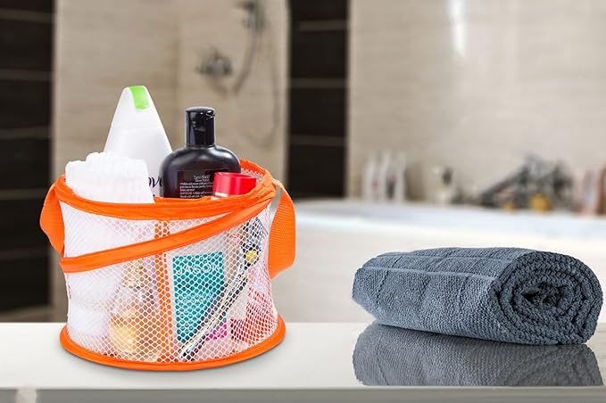 Handy Laundry Foldable Shower Caddy - Collapsible, Portable, Drainage Hole, Carry Handle, Large Compartments, Great Organizer for Camp, Travel, Gym, and Dorm (Orange) (Pack of 2)