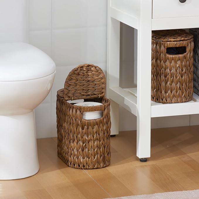 Toilet Paper Storage with Double Lid, Toilet Paper Basket for Storage, Waterproof & Freestanding Tissue Holder for Bathroom, 4 Rolls, Brown