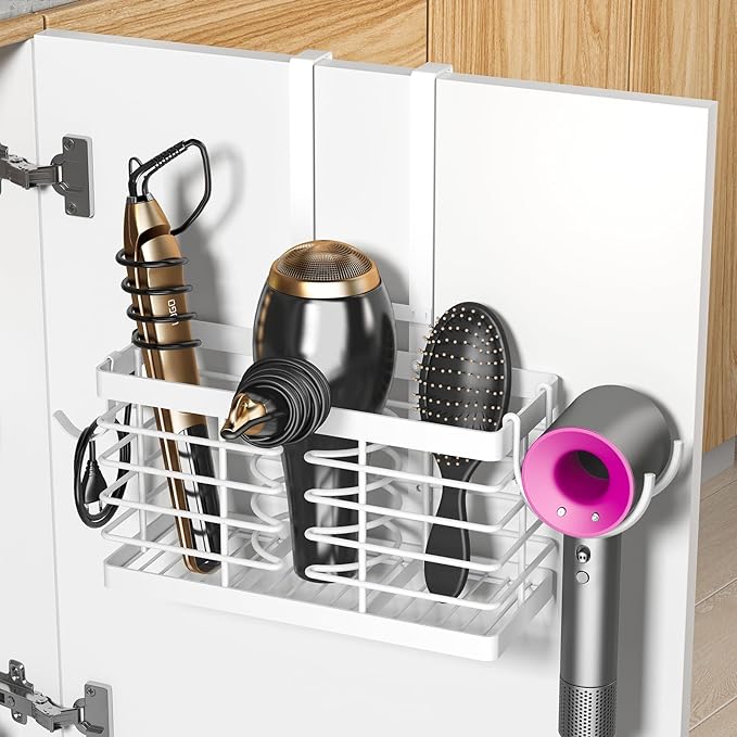 Hair Tool Organizer, 2026 Upgraded 3-in-1 Universal Hair Dryer Holder, Adjustable Height Metal Blow Dryer Holder Wall Mounted/Over Cabinet Door, Bathroom Organizer and Storage(White)
