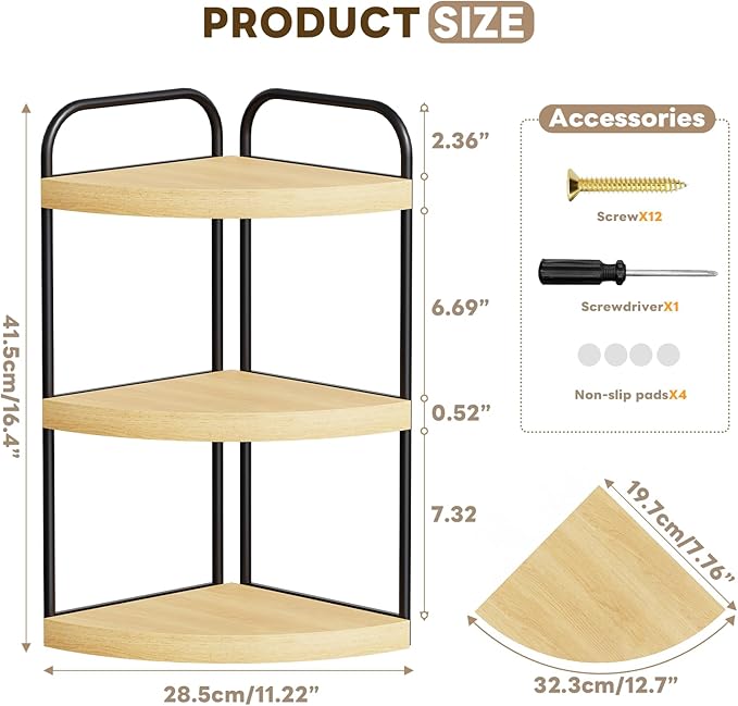 Abiglifty Corner Bathroom Counter Organizer, No Drill 3-Tier Corner Shelf Bathroom Counter, Space-Saving Countertop Organizer, Corner Counter, Vanity Organizers (Wood Grain)