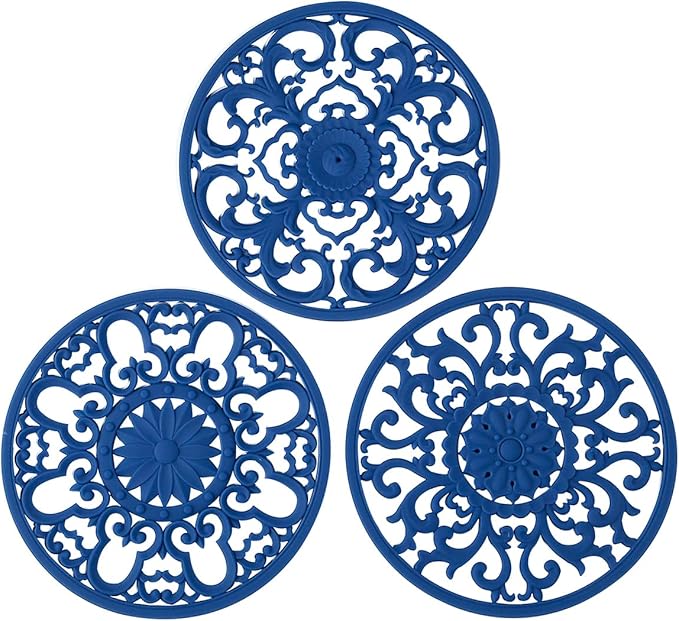 Extra Thick Silicone Trivet Mat for Hot Dishes, Hot Pots and Pans, Pot Holder, Hot Pad to Protect Your Table and Countertop, Kitchen Decor and Accessories,Navy Blue, Set of 3