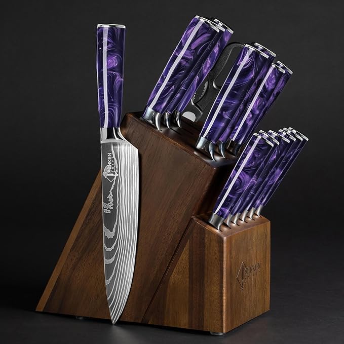 SENKEN 16-Piece Knife Block Set - Japanese High Carbon Stainless Steel with Damascus Pattern, Dark Wood Handles, 6 Steak Knives & Acacia Hardwood Block (Brown)