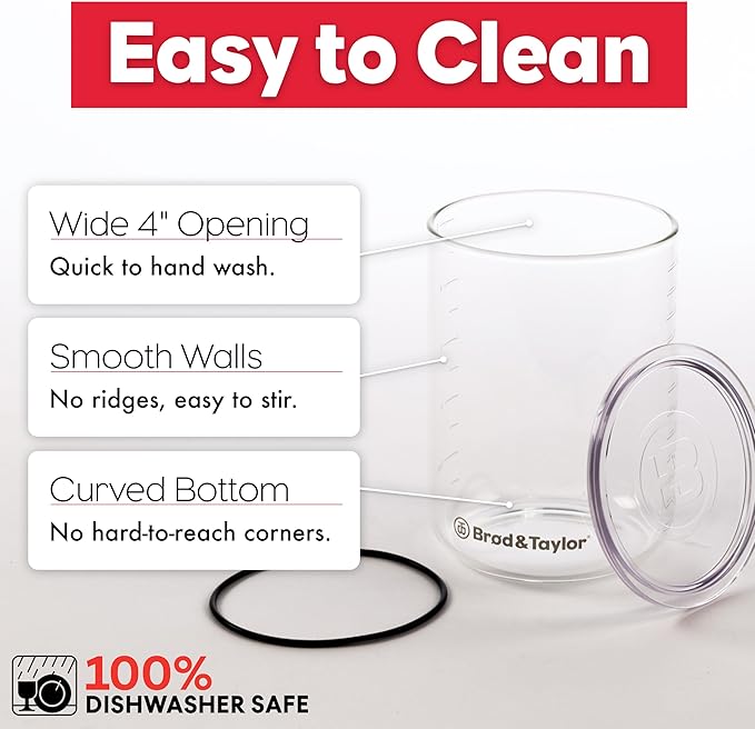 Brod & Taylor Sourdough Starter Jar (32oz) 100% Dishwasher Safe, Measurement Markings, Height Marker & Loose-Fitting Lid That Prevents Pressure Buildup (Durable Glass Jar, BPA-Free)