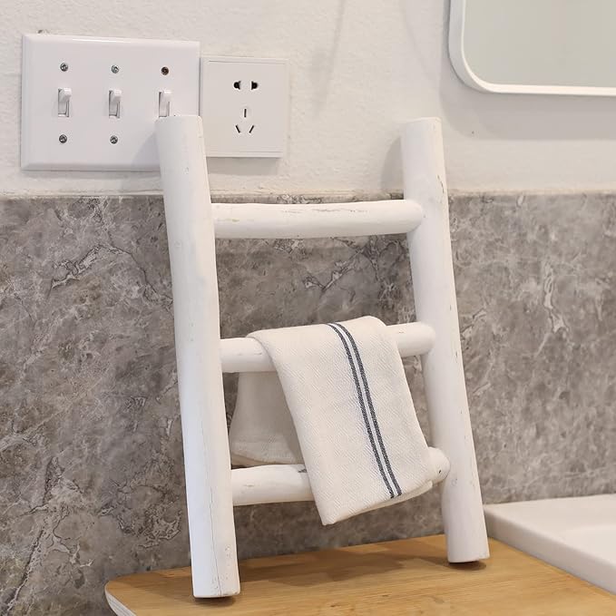 FUIN Fully Assembled Wooden Tea Towel Ladder, Mini Ladder Towel Rack Display Hanger, Small Rustic Farmhouse Tea Towel Stand Holder for Country Bathroom Decor, White