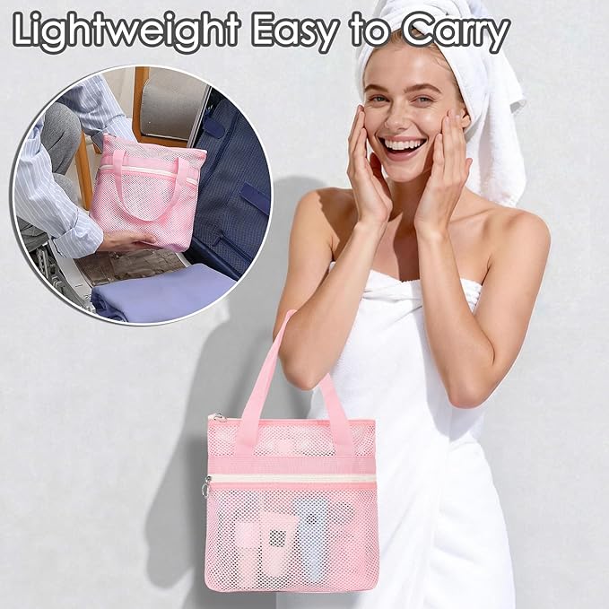 Mesh Shower Caddy Portable Shower Bag for Travel, Gym, Camping – Quick-Dry Hanging Toiletry Organizer with Zipper Pockets for Bathroom Essentials,Pink