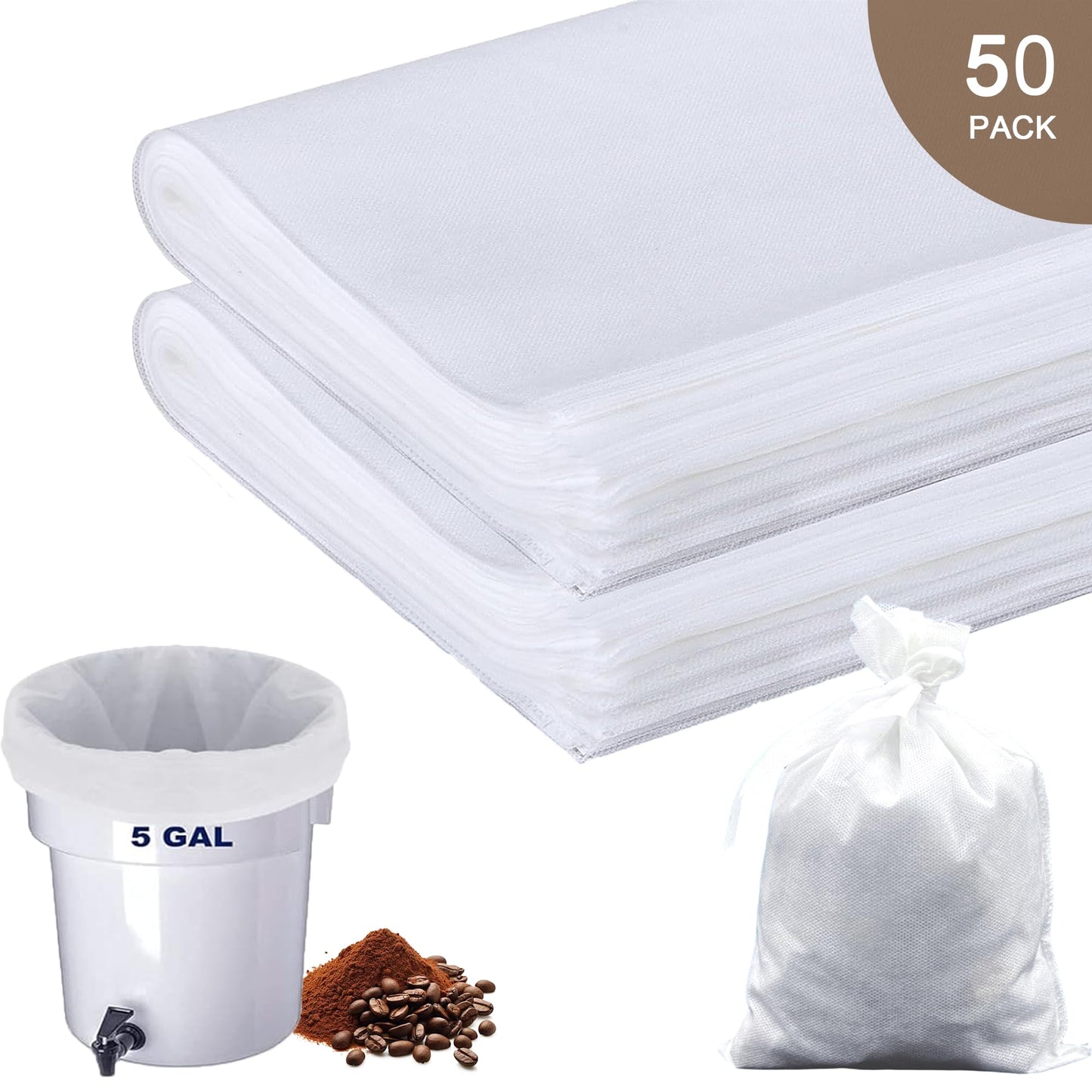 YURICK 50 Pack Commercial Cold Brew Coffee Filters for 5 Gallon Buckets, 20" X 20" Commercial Cold Brew Bags for Commercial Model Cold Brew Coffee Makers, Brew Up To 5 LBS Coffee