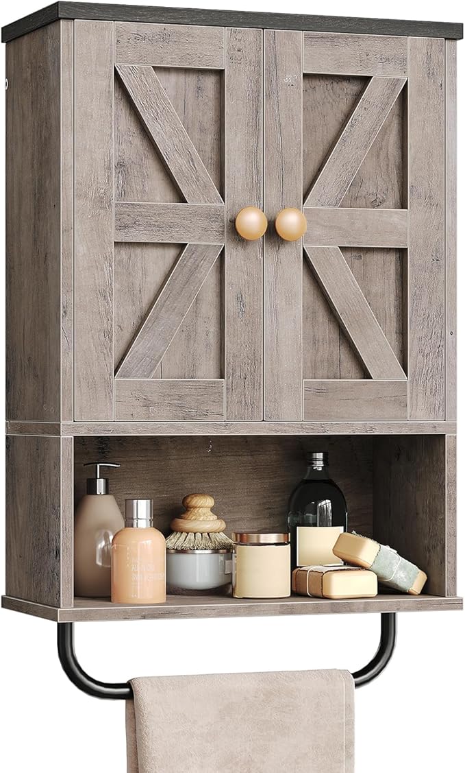 Bathroom Wall Cabinet, Medicine Cabinet with Open Partition and Towel Bar, Rustic Storage Cabinet with Open and Hidden Storage Space, for Bathroom, Living Room, Greige and Charcoal Black