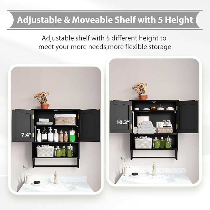 Black Bathroom Cabinet with Towel Rack, Bathroom Wall Cabinet with 2 Doors and Adjustable Shelf, Medicine Cabinet Wall Mount, Over The Toilet Storage