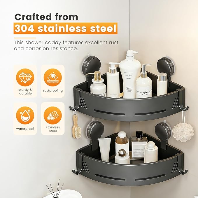 2-Tier Aluminum Suction Cup Corner Shower Caddy, Rustproof No Drilling Bathroom Corner Storage Shelf