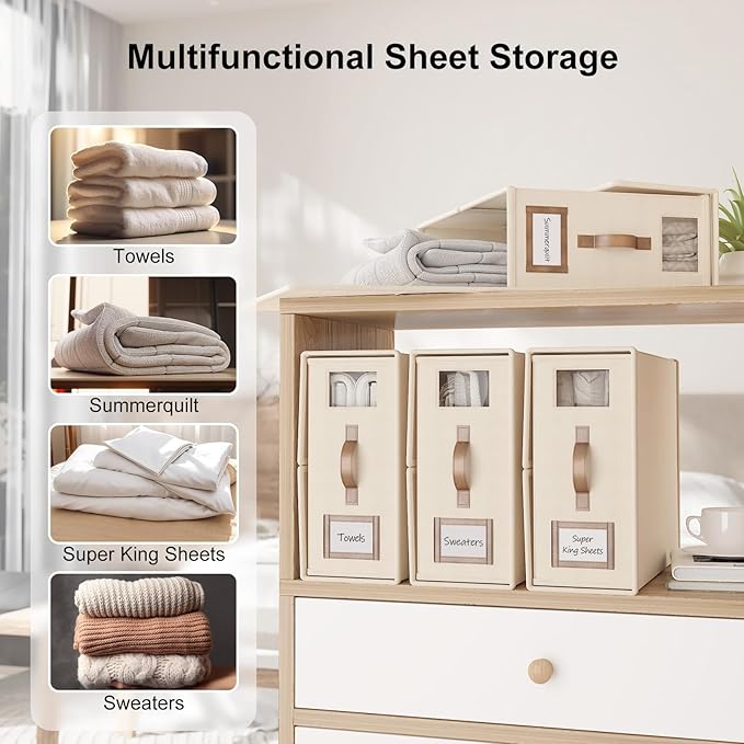 8 Pack Foldable Bed Sheets Set Organizers and Storage(Cal King Size),Linen Fabric Closet Organizers with Window,Folding Bedding Storage Box for Bedsheets and Pillow Cube Organizer-Beige