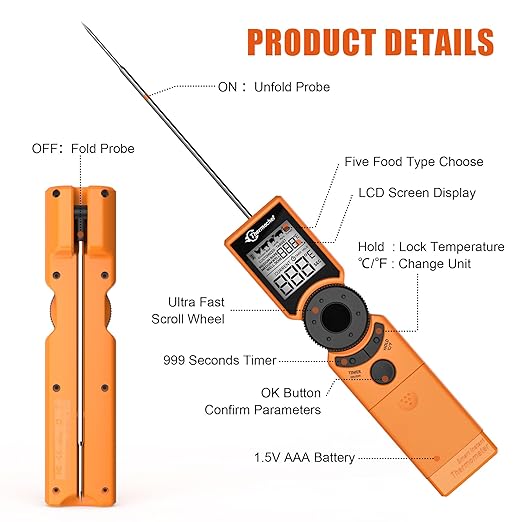 Thermochef Digital Meat Thermometer for Grill, Instant Read Food Thermometers for Cooking with Food Doneness Guide, Calibration and LCD Backlight Screen, High Accuracy ±1% ℉, BBQ Beef Candy Orange