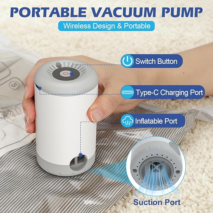 Travel Vacuum Storage Bags with Rechargeable Air Pump, 12 Pack Portable Space Saver Bags, Compression Bags for Clothing, Bedding, Seasonal Storage & Packing Bags for Moving