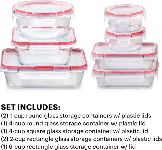 Pyrex Freshlock (7-Pack) Glass Food Storage Containers Set, (1, 2, 4 Cups) Airtight & Leakproof Plastic Locking Lids BPA-Free, Meal Prep Containers Set, Freezer Dishwasher Microwave Safe