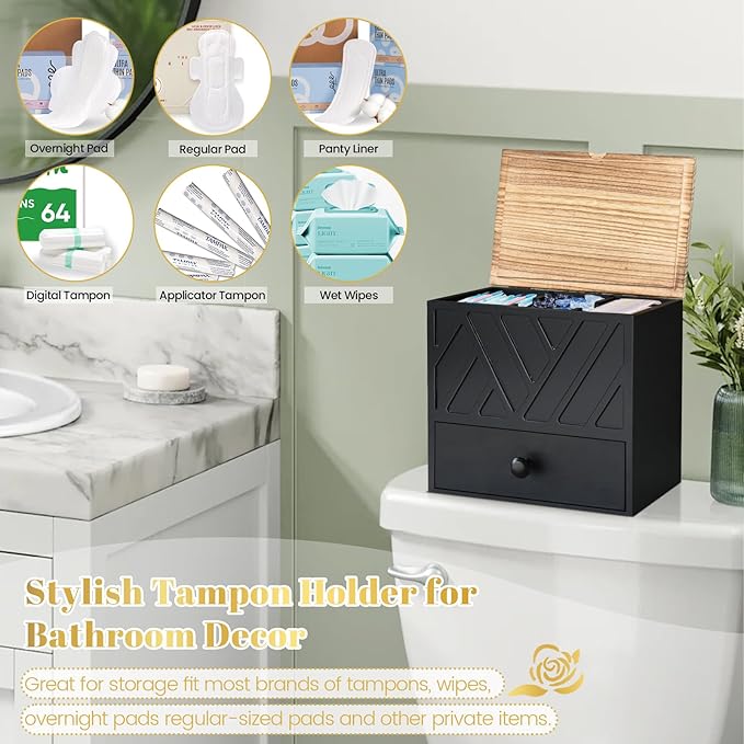 Tampon Holder for Bathroom Decor, Feminine Product Organizer with Lid and Drawer, Shark Week Tampon Storage, Wood Pad and Tampon Organizer for Toilet Organizer, Bathroom Accessories Box for Girl Stuff