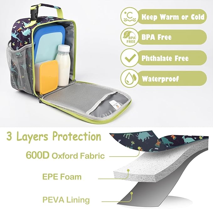 Lunch Box Kids,Premium Insulated Lunch Bag for Girls Boys,Soft Bag Mini Cooler Back to School Thermal Reusable Lunch Bag for Work School Picnic (Dino)