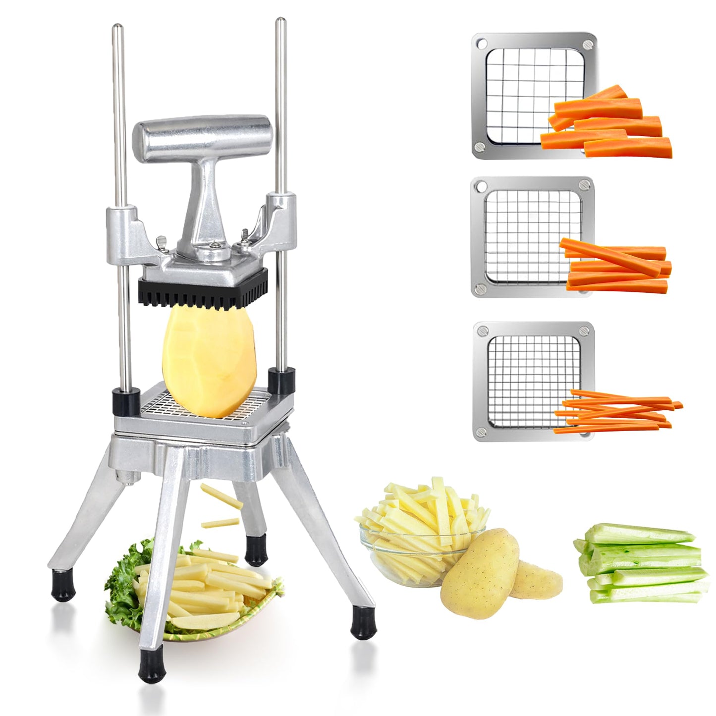Hakka French Fry Cutter, Commercial Vegetable Chopper Potato Slicer Stainless Steel French Fries Machine with Suction Feet for Patatoes/Carrots/Cucumbers, including 3 Blades(1/4", 3/8",1/2")