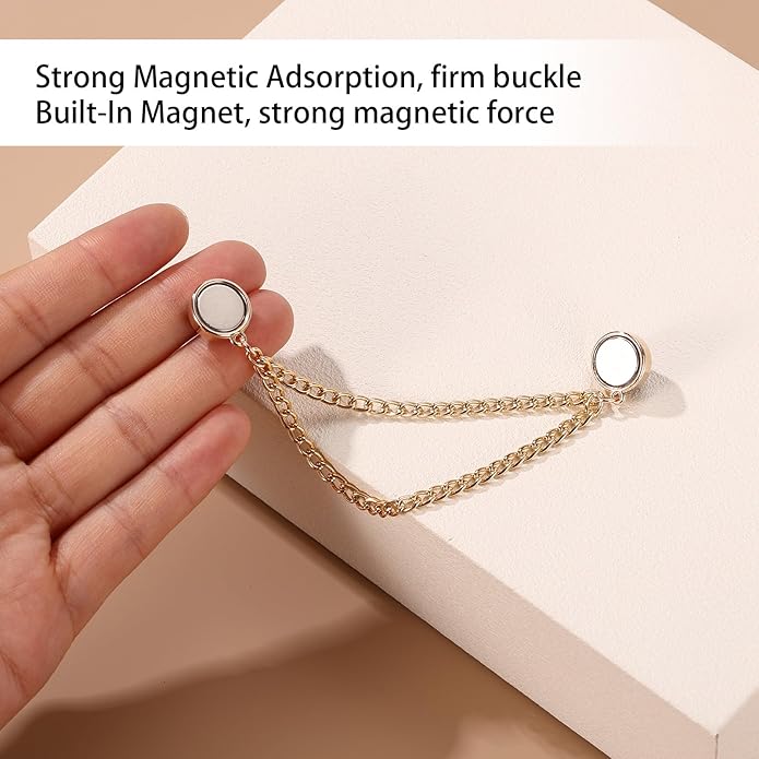 6pcs Magnetic Clothing Clips with Chain, Multi-Function Magnet Button Pins Hijab Cuff Clips for Fixing Hem of Clothes Long Pants Legs Sleeves of Shirts