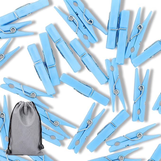 100PCS Baby Shower Clothespins Games Boy Plastic Clothes Pin with Storage Bag Mini Blue Pin Bulk 1.4 inch for Party Decorations, DIY Crafts