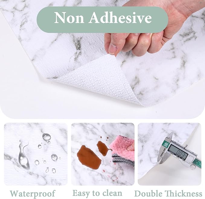 2-Layer Drawer and Shelf Liner for Kitchen Cabinet: 35.4 in X 19.69 Ft Non Slip Waterproof Shelf Paper Non Adhesive Refrigerator Liners White Marble Easy Liners for Bathroom with Knife Tape Measure