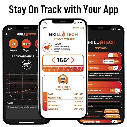 Grill Tech Smart Bluetooth Meat Thermometer Wireless Thermometer for Grilling and Smoking, Precision Accuracy, 950ft Range, USB-C Rechargeable Case, Grill Tech App for Grilling