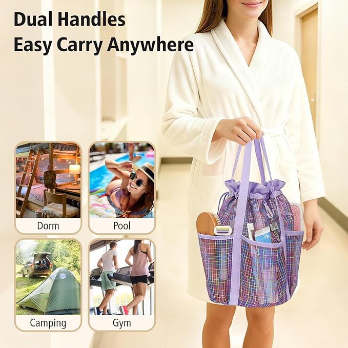 F-color Mesh Shower Caddy Portable with Drawstring - Tall 5 Pockets Dorm Room Essentials for Guys Girls with S Hook, Shower Bag Basket Tote for College Camping Travel Toiletry Bathroom, Purple Grid