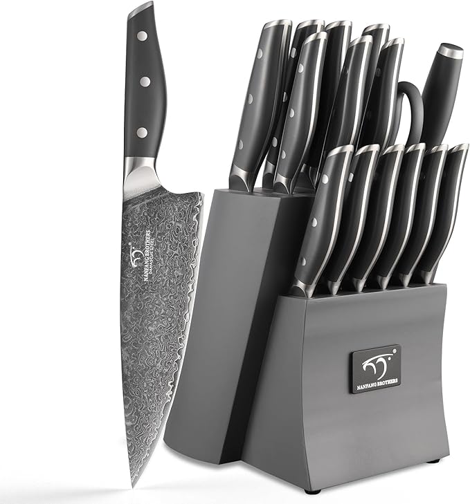 NANFANG BROTHERS 15-Pc Damascus Knife Set VG10 Steel Block