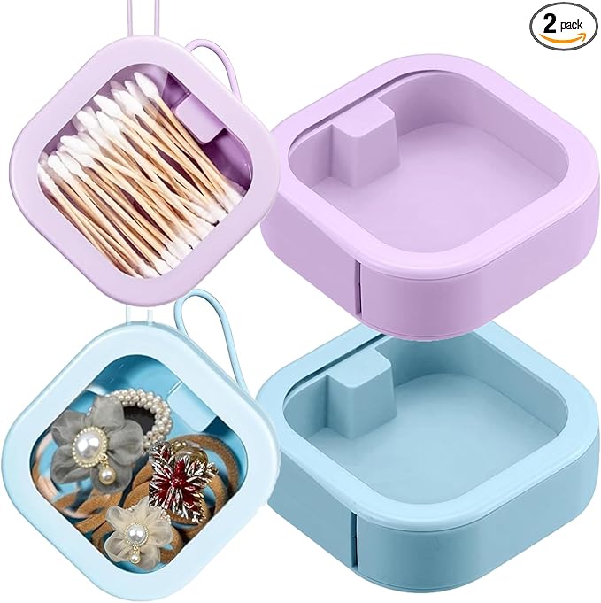 2pcs Hair Tie Organizer,Portable Travel Qtip Holder,Bathroom Storage Organizer Qtip Dispenser Cotton Swabs Dispenser Kids Hair Accessory Box with Lid for Bathroom,Desktop Organizer(2pcs Purple&Blue)