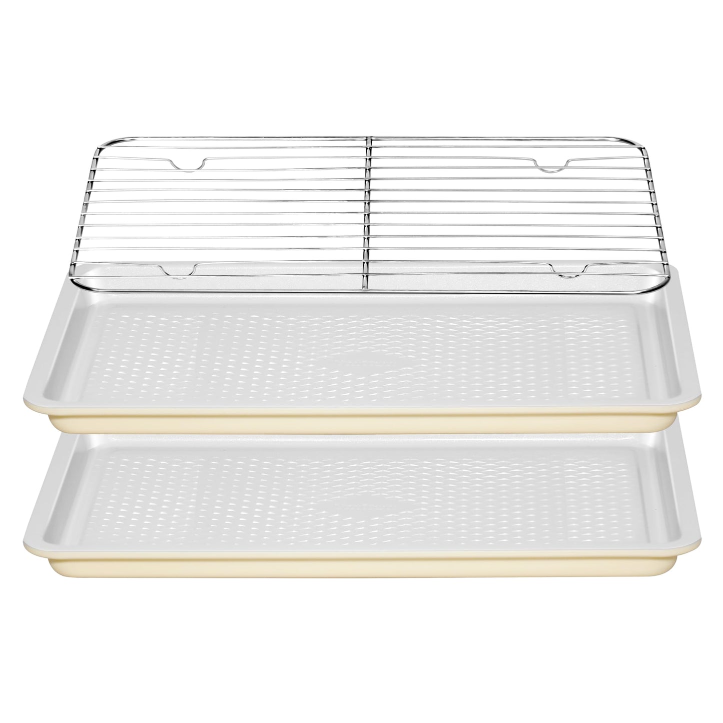 Ymiton Nonstick Ceramic Baking Sheet With Rack, 2-Pack 15x10 Jelly Roll Sheet Pan, Non-Toxic, PTFE & PFOA Free, Warp-Free, Oven Safe 550°F, Dishwasher Safe, Aluminized Steel, Gray Yellow