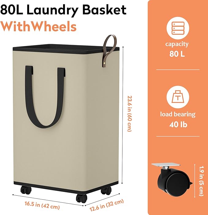 Laundry Basket with Wheels, Collapsible Laundry Baskets, Laundry Hamper with Handles Detachable Wheels, Rolling Laundry Basket, Dirty Clothes Hamper for Bathroom, Dorm, Bedroom, Beige, 80L