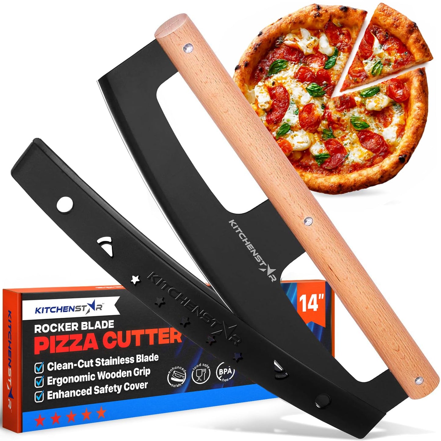 KitchenStar 14-Inch Pizza Cutter Rocker Blade - Razor Sharp Stainless Steel Slicer Knife, Stylish Beech Wood Handle, Protective Cover - Professional Pizza Oven Accessories, Silver
