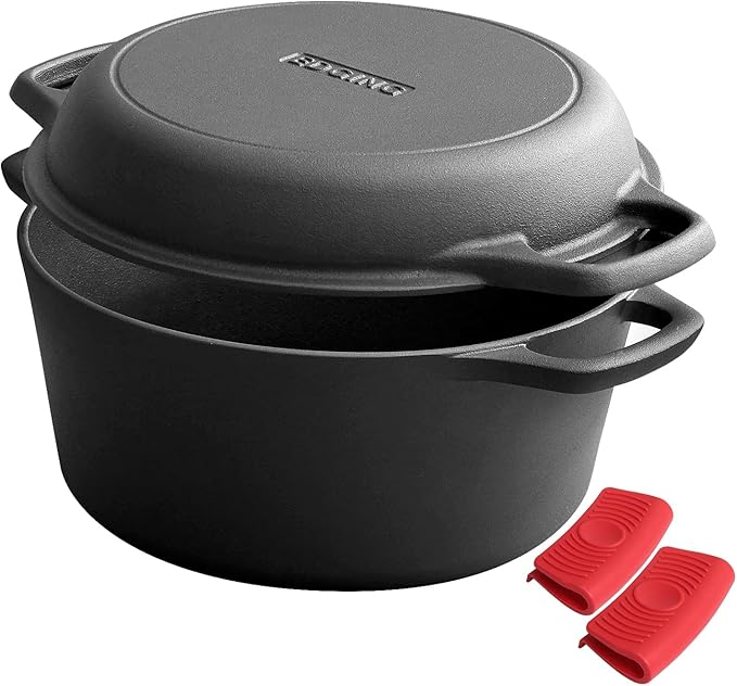 EDGING CASTING 2-in-1 Pre-Seasoned Cast Iron Dutch Oven Pot with Skillet Lid Set, 10" Skillet 3QT Pot for Cooking, Baking, Frying and Camping