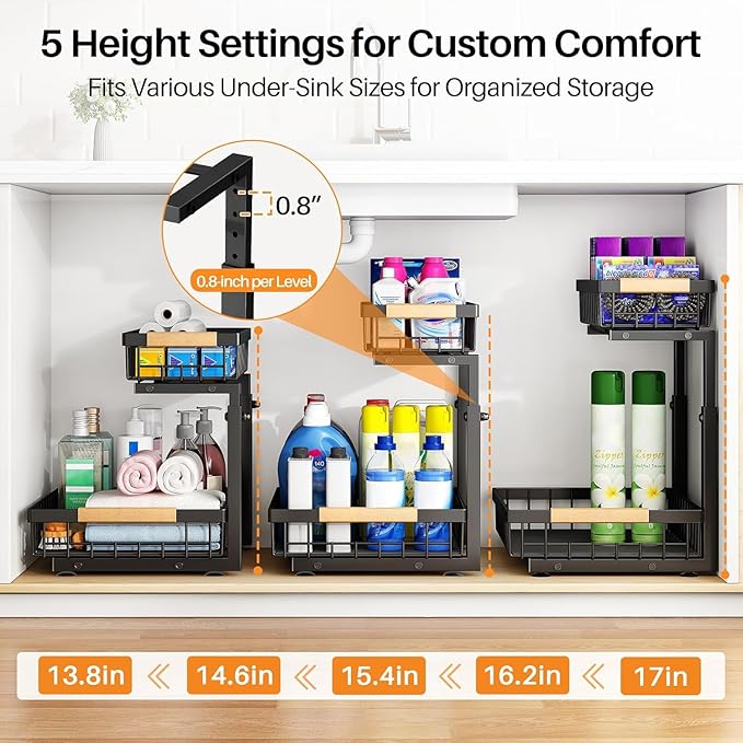 PXRACK Under Sink Organizer, Adjustable Height, 2-Pack 2 Tier Pull Out Under Cabinet Organizer, Slide Out Thickened Metal Under Sink Storage for Kitchen Bathroom Laundry Pantry Cabinet, L, Black