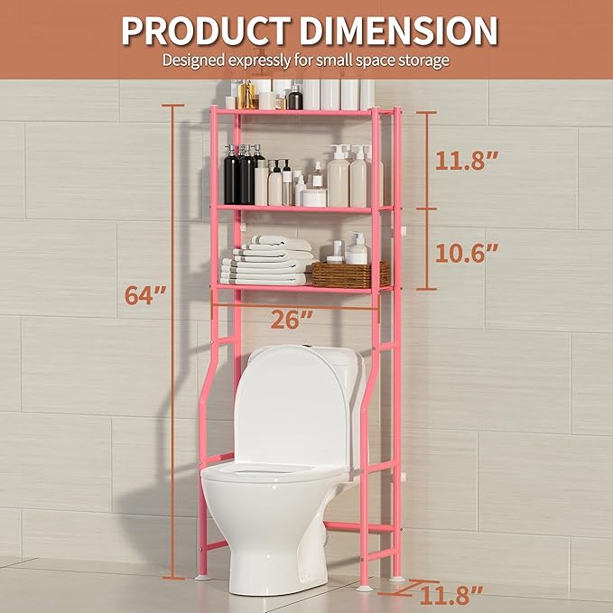 3-Tier Over The Toilet Storage, Freestanding Metal Bathroom Shelves, Space Saver Above The Over Toilet Storage Shelf for Bathroom (Pink)