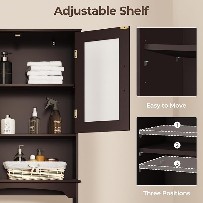Yaheetech Over The Toilet Storage Cabinet, Free Standing Toilet Rack with Adjustable Shelves and Tempered Glass Doors for Bathroom Washroom, Espresso