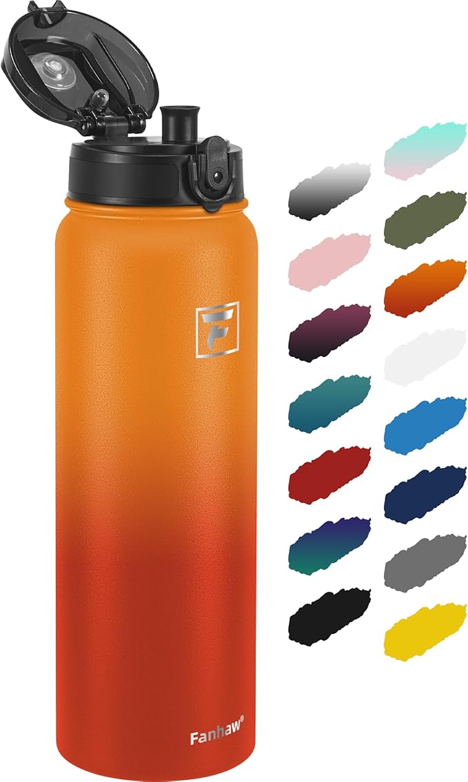 Fanhaw 32 oz Insulated Stainless Steel Water Bottle with Anti-Dust Chug Lid, Leakproof Vacuum Sports Bottle for Men & Women (Yellow Orange)