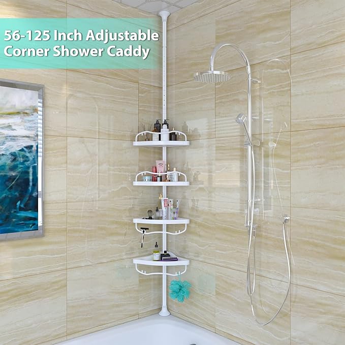 Shower Caddy Tension Pole with 4 ABS Baskets,Shower Storage Shelf with 56 to 125 Inch Adjustable Stainless Pole for Bathroom White