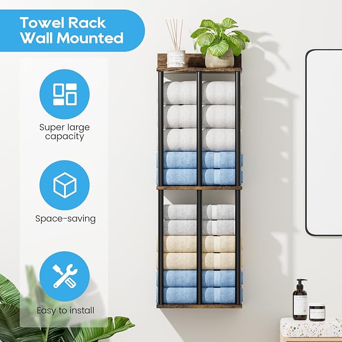 Towel Racks for Bathroom Wall Mounted with Wooden Storage Shelf, Updated 3 Bar Metal Towel Holder for Rolled Towels, Sturdy and Large Capacity, Towel Storage Organizer
