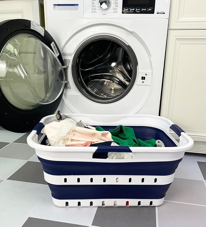 SAMMART 42L (11 gallon) Collapsible Plastic Laundry Basket - Foldable Pop Up Storage Container/Organizer - Space Saving Hamper/Basket (1, White/Starry Blue)