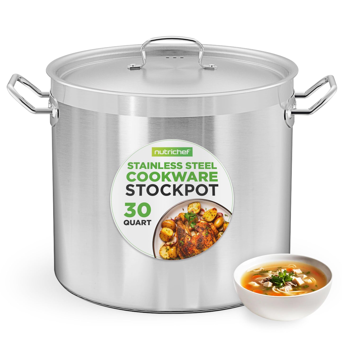 Nutrichef Stainless Steel Cookware Stockpot, 35 Quart Heavy Duty Induction Soup Pot With Stainless Steel Lid And Strong Riveted Handles, Even Heat Distribution, Compatible With Most Cooktops