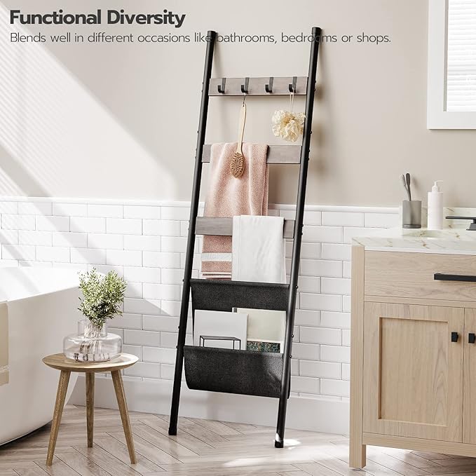 HOOBRO Blanket Ladder, 5 Tier Towel Rack, 17.3" L x 63" H, Wall-Leaning Blanket Rack for Living Room, Decorative Ladder with 4 Hooks and Magazine Pocket, Greige BG32CJ01