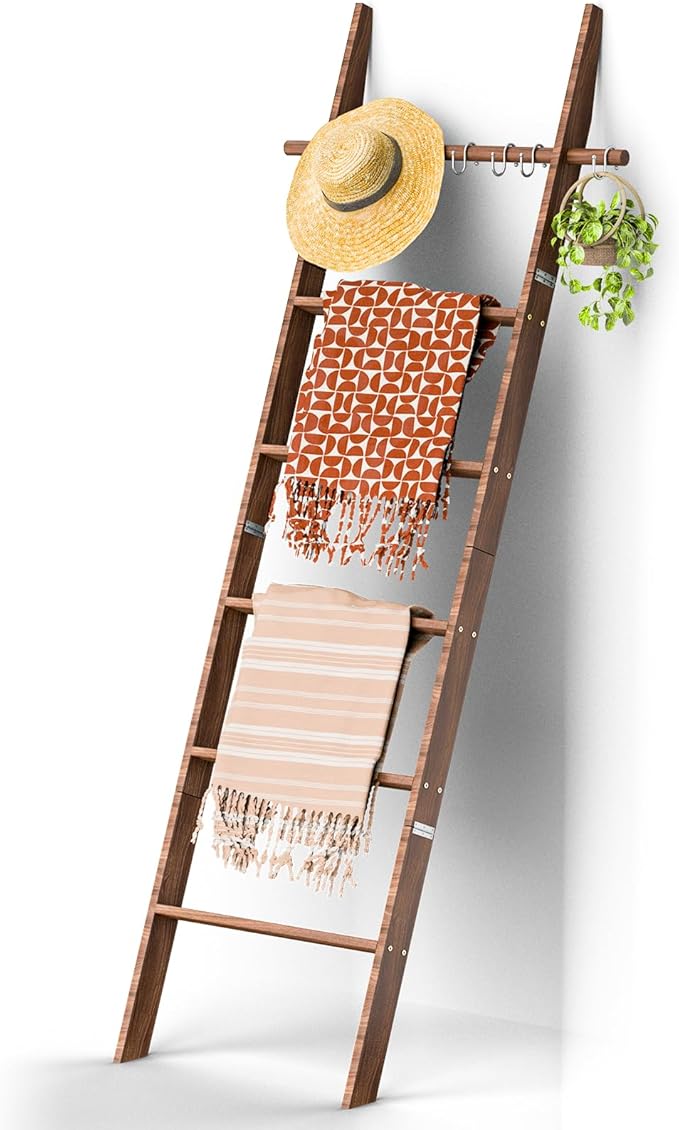 Farmhouse 6 Ft Wooden Blanket Ladder with Removable Hooks, 6-Tier Rustic Blanket Rack Decorative Stand, Leaning Towel Quilt Rack Holder for Bathroom Living Room Decor Brown