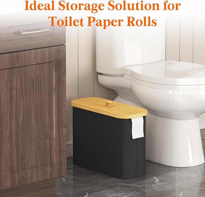 Lifewit Toilet Paper Storage Holder for 9 to 12 Rolls, Free Standing Toilet Paper Basket Stand with Bamboo Lid, Collapsible Fabric Bathroom Organizer Box for Mega Rolls, 23L, Large, White, Black