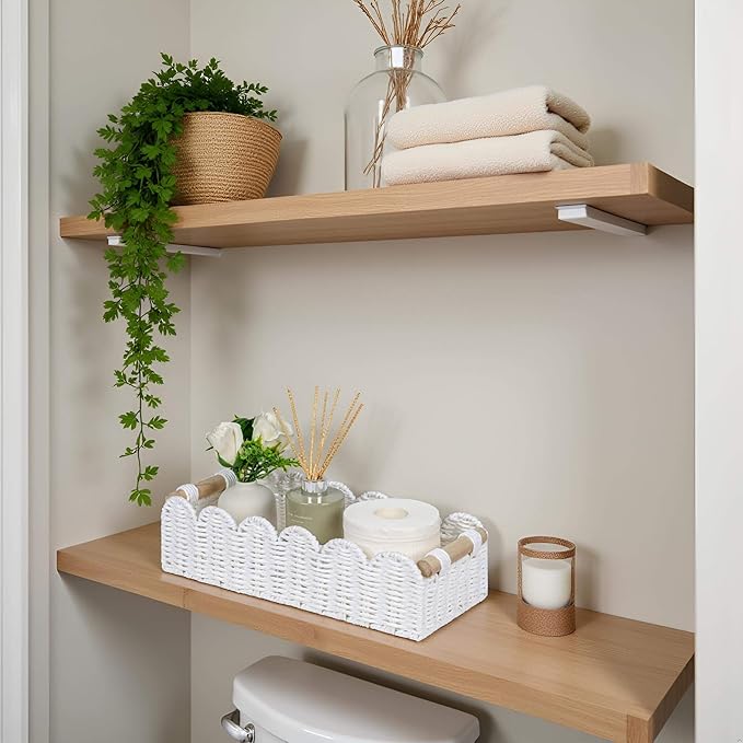 CubesLand Bathroom Basket Organizer, Toilet Tank Paper Storage Baskets 2-Pack, Scalloped Decorative Basket for Countertop w/Handle, Wicker Basket for Bathroom Decor, Home Decor, Living Room, White