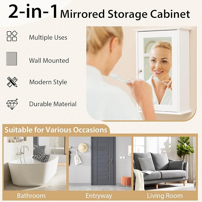 Tangkula Bathroom Medicine Cabinet with Mirror, Wall Mounted Single Mirror Door Storage Cabinet w/Adjustable Shelf, Wall Cabinet w/Reversible Door for Bathroom Living Room Hallway (White)