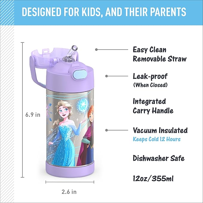 THERMOS FUNTAINER Water Bottle with Straw - 12 Ounce - Kids Stainless Steel Vacuum Insulated Water Bottle with Lid, Frozen 2