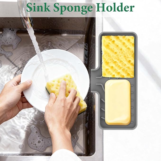 GUUKIN Sponge Holder for Kitchen Sink , 9.8"×4.9" Silicone Dish Drying Mat, Scrub Daddy Holder, Kitchen Sink Accessories, Suitable for Kitchens & Bathrooms (Grey)