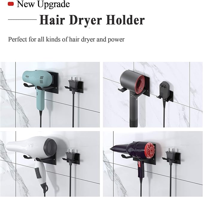 Self Adhesive Hair Dryer Holder Wall Mounted - Adhesive Bathroom Hair Blow Dryer Rack Organizer Compatible with Supersonic Hair Dryers (Black)