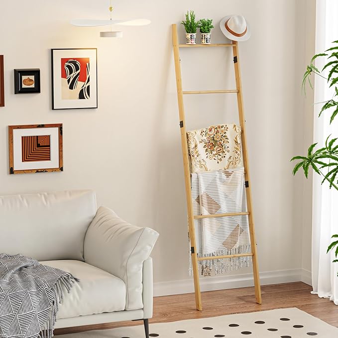 BAMBANG 6-Tier Blanket Ladder for Living Room, Blanket Quilt Ladder Rack Rustic Decorative Towel Holder, Wall Leaning Blanket Ladder Shelf Storage Farmhouse Decor for Bedroom Bathroom, Natural